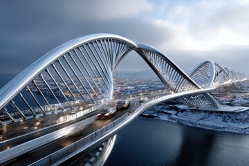 Fototapeta premium Modern bridge spans a river and connects two urban areas under a cloudy sky