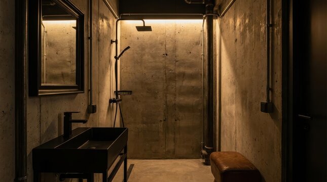 Industrial bathroom with concrete walls, modern sink, shower, and bench