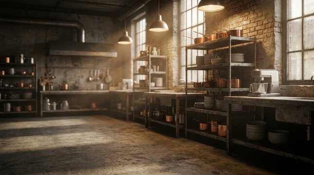 Industrial kitchen interior with shelves, pots, pans, and large windows with natural light