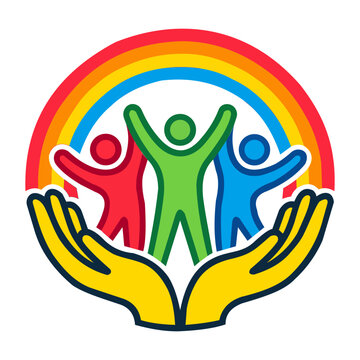 Diverse people under rainbow protected by hands diversity inclusion unity colorful protection support. Resizable and editable, EPS 10.