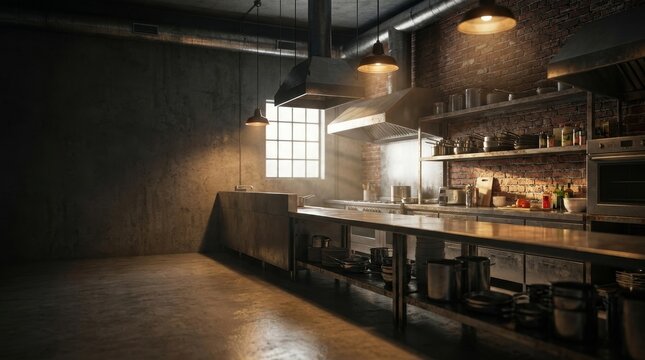 Industrial kitchen interior with stainless steel counters and shelves filled with cookware