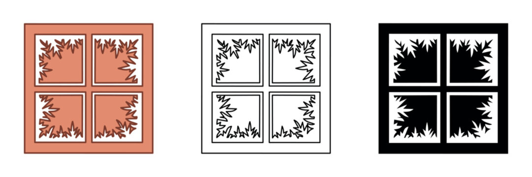 Abstract geometric pattern with four square panels and jagged leaf-like designs