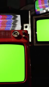 Multiple Old TVs Simultaneous Turn On Glitch Effect To Chroma Key - Vertical 4K