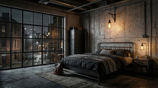 Industrial style bedroom with large window overlooking a city street at night, cozy lighting