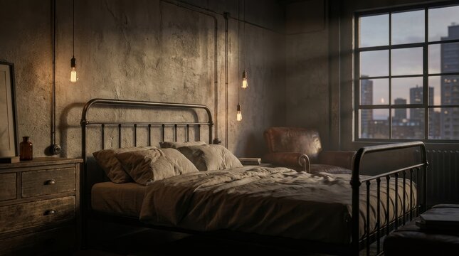 Industrial style bedroom with metal frame bed and city view through large window