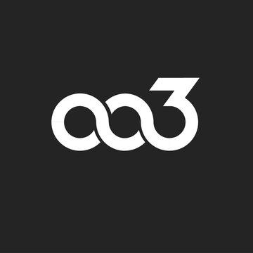 Modern abstract white 'oo3' or interwoven number three logo design on a dark background. Graphic symbol representing digital connection and unique branding.