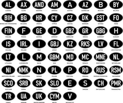 Europe, all the black oval international vehicle registration code license plate car sticker list, vintage style, vector illustration