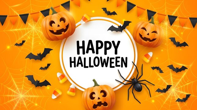 Happy halloween banner with carved pumpkins, paper bats, spider, and candy corn on an orange spiderweb background, with black bunting, flags decor