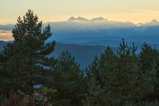 Majestic snowy Tatra mountain peaks rising above clouds behind autumn forest.