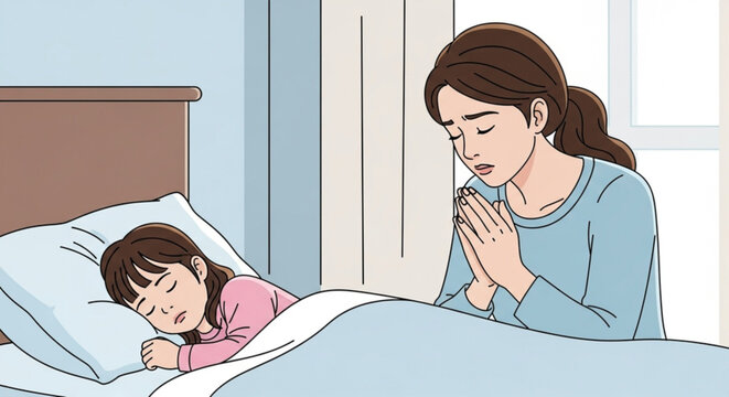 mother praying beside sleeping child in cozy bedroom scene with soft natural light calming atmosphere