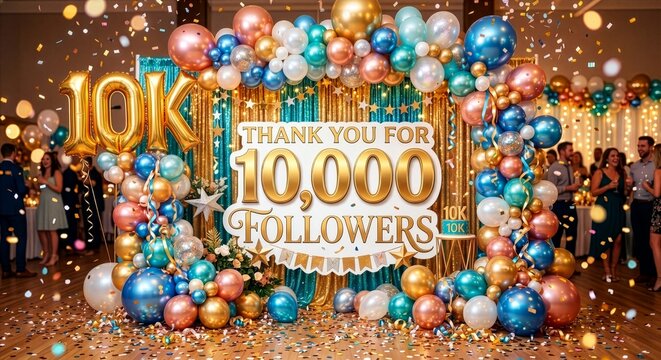 Festive celebration decor for 10000 followers milestone with gold and blue balloons followers celebration balloons milestone