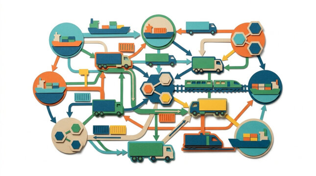Complex cargo ship and freight container transportation network with trucks trains and vessels illustrating logistics and shipping processes
