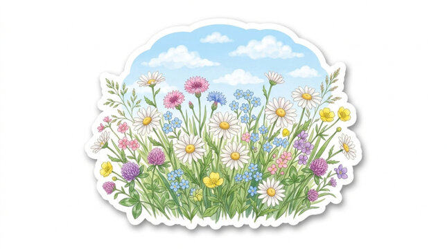 Colorful wildflowers in a meadow with green grass blue sky vibrant nature scene for outdoor peaceful scenery