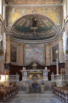 Rome, Italy 09.05.2020: The apse mosaic of Christ among the saints in byzantine style in church Basilica di San Marco