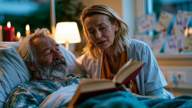 Volunteer visitor reads aloud from a hardcover book to a bedridden elderly man in a hospital room, bedside lamp casting warm candlelit atmosphere, get-well cards arranged on the window ledge, the vo