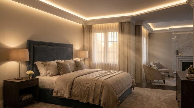 Luxurious bedroom interior with a king-size bed, soft lighting, and decor