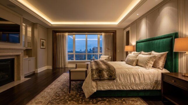 Luxurious bedroom with a king-size bed, fireplace, and city view at dusk