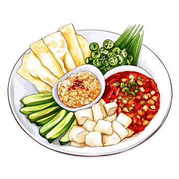 Gado Gado, watercolor artwork with bold brush accents and dynamic composition, isolated on a white background.