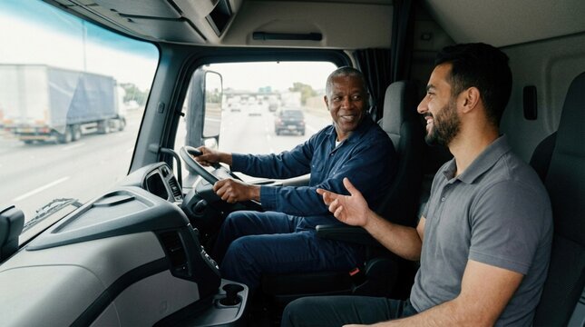 Two male truck drivers engaged in conversation inside a large vehicle cabin while driving on a busy highway with other trucks visible in the background