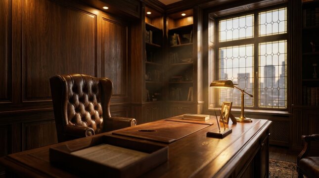 Luxurious executive office with dark wood paneling, leather armchair, and city view