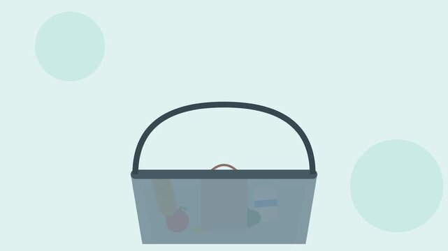 Minimalist flat illustration of a shopping basket filled with grocery items on a soft light blue background