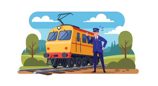 Conductor standing beside train engine.