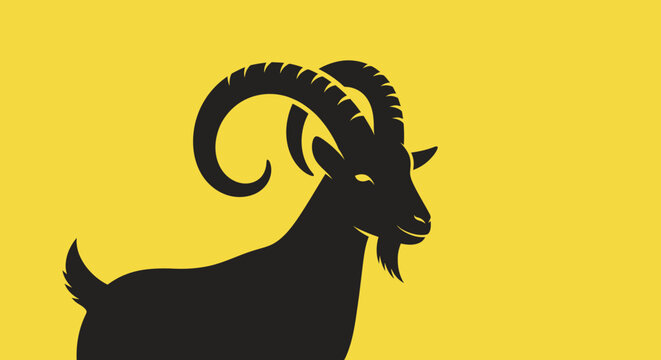 Minimalist graphic illustration of a black goat silhouette on a bright yellow background.