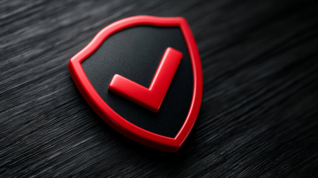 Rotes Schild-Symbol mit H&auml;kchen gl&auml;nzt auf dunkler Holzoberfl&auml;che