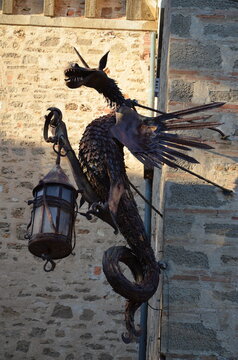 Castiglioncello, Italy 03.04.2020: Dragon-shaped sample holder or artistic lamp located at the Pasquini Castle in Castiglioncello.