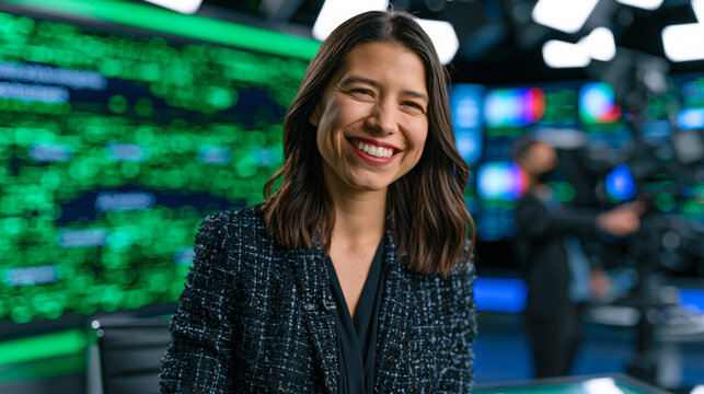 Broadcast journalist records explainer segment in television studio with AI search engine evolution timeline displayed on green screen behind her, floor director signaling countdown while teleprompt
