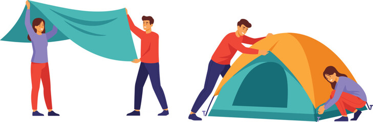Couples setting up camping tent vector illustration, flat man and woman characters pitching camp together © Sohel