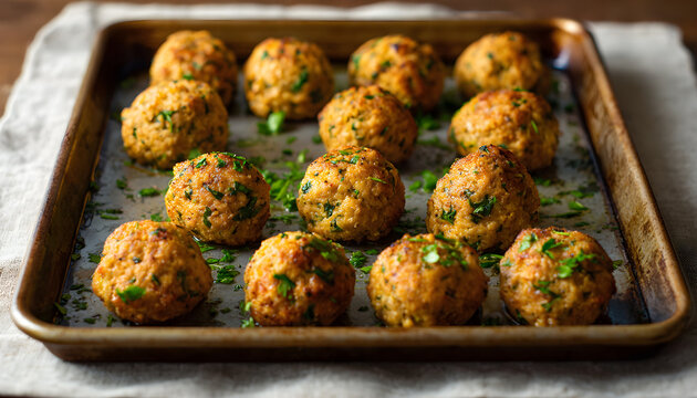 A batch of golden-brown meatless meatballs fresh from the oven on a baking tray