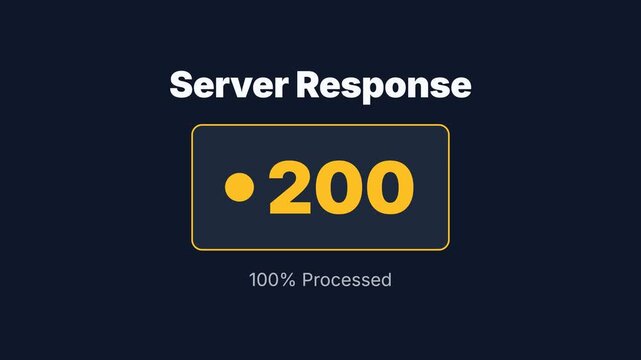 Server response animation, 200 OK symbol with yellow color and rectangle, dark blue background, symbolizing successful processing and technology for advertising, presentation, or website background