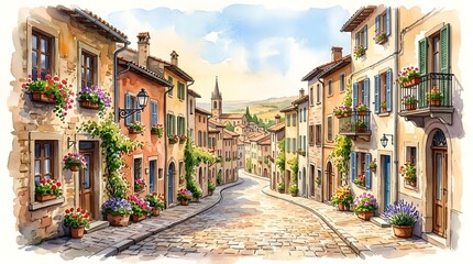 Fototapeta premium A charming Italian street scene with colorful buildings, blooming flowers, and a cobblestone path leading uphill. The watercolor style evokes a warm and inviting atmosphere