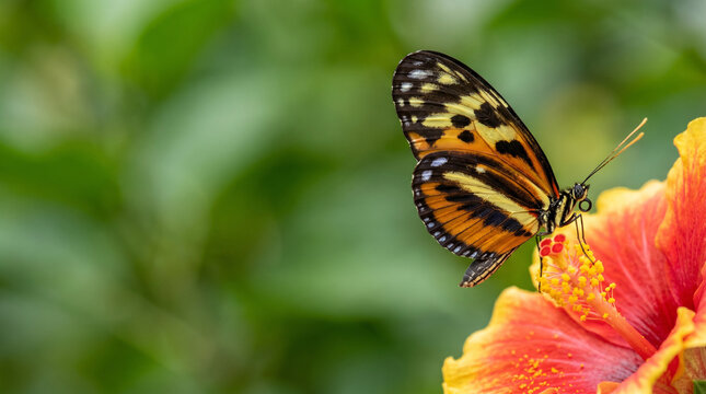 Macro side profile of a tiger longwing butterfly resting on a bright yellow and red hibiscus flower