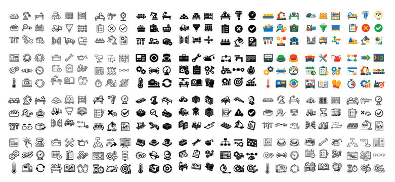 Manufacturing and industrial vector icons with gears, factory and toolbox for dashboard design in flat icon style