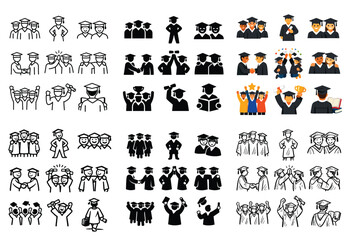 Obraz premium Graduation and success concept icons with mortarboard, diploma and cheering people for presentation design in colorful style