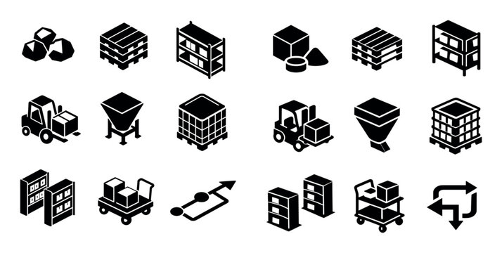 Manufacturing and material flow icon set with raw material, pallet stack and storage shelf for infographic design in black and white isometric style