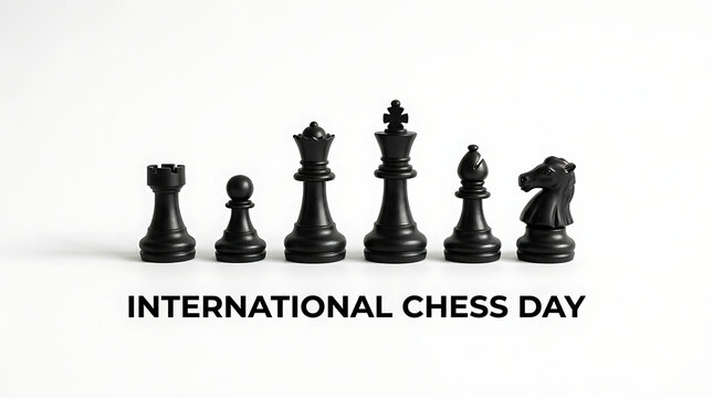 International Chess Day, chess pieces, black chess set, strategy board game