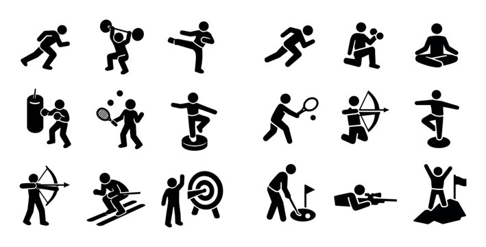 Personal effort and skill practice icon set with balance control self training and precision motion for marketing design in black and white isometric style