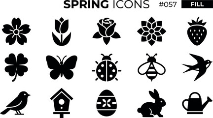 Spring season silhouette icon set featuring flowers butterfly ladybug bee bird rabbit egg and garden elements in solid black vector style © Shasa icon studio