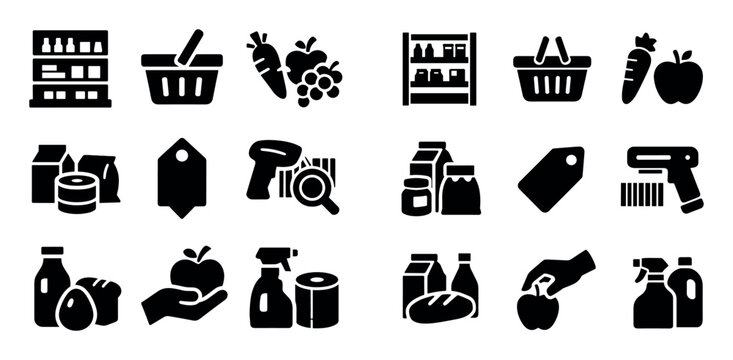 Grocery and shopping icon set with food aisle basket carry and fresh produce for branding design in solid black filled style