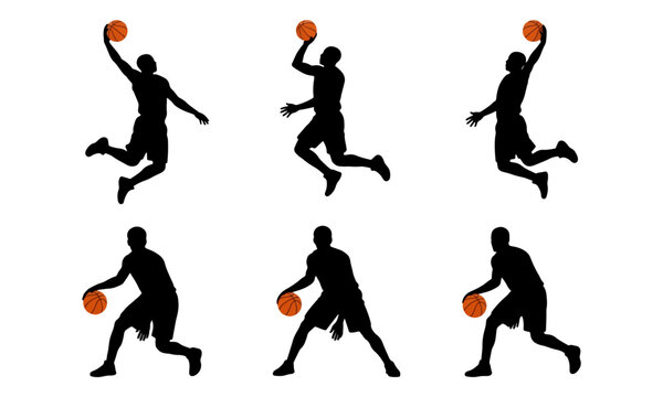 Basketball player silhouettes dunking and dribbling set
