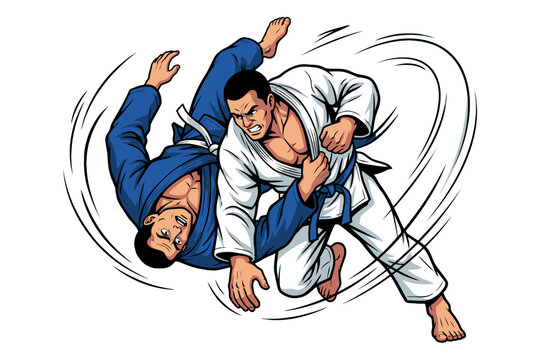 Judo fighters grappling illustration isolated on white