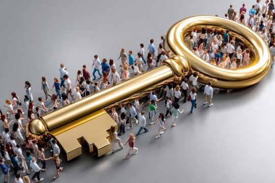People walking towards a giant golden key in a surreal, contemporary setting