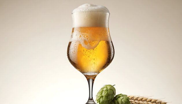 A tulip glass of golden beer with hops and barley on a light background lager drink