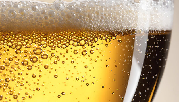 Close up of golden beer with frothy white head and rising bubbles in a glass lager drink
