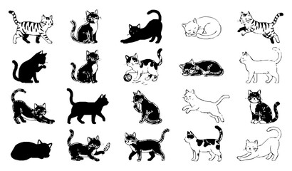 Fototapeta premium Cat vector set with sitting playing and sleeping domestic feline illustrations