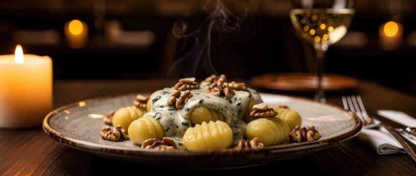 Gourmet pasta dish featuring gnocchi topped with creamy blue cheese, walnuts, and served with a glass of white wine in a warm dining setting