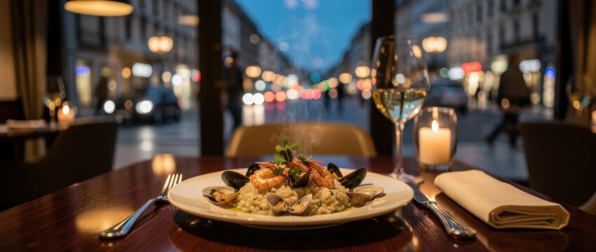 Romantic evening meal featuring seafood dish on table in a fine dining restaurant with city street view and soft candlelight ambiance